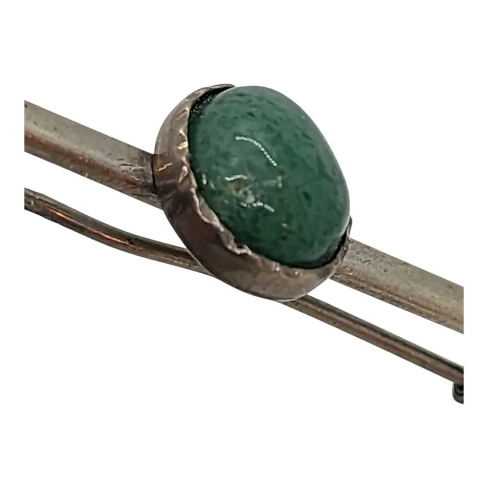 Antique Long Bar Brooch Pin Sterling Silver Jade Cabochon Tie Suite Collar Hat